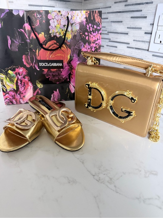 Dolce & Gabbana Handbags - Metallic Gold Patent DG-Emblem Shoulder Bag with Matching Slides size 6